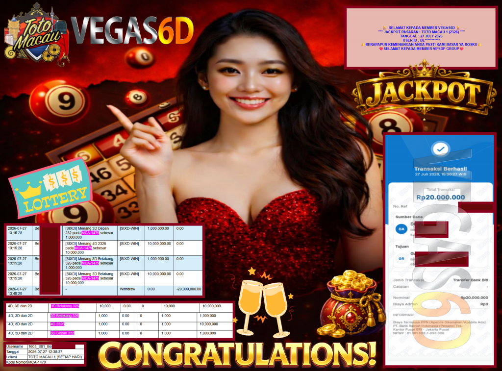 VEGAS6D JACKPOT PASARAN ” TOTO MACAU 1 (2326) ” Rp20.000.000,- LUNAS