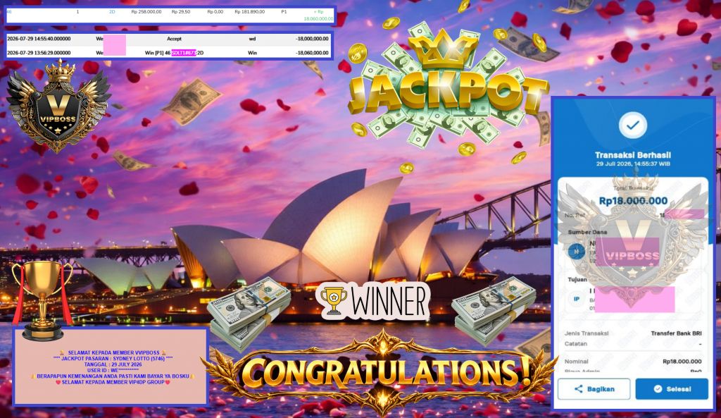 VVIPBOSS JACKPOT PASARAN β SYDNEY LOTTO (5746) β Rp18.000.000,- LUNAS