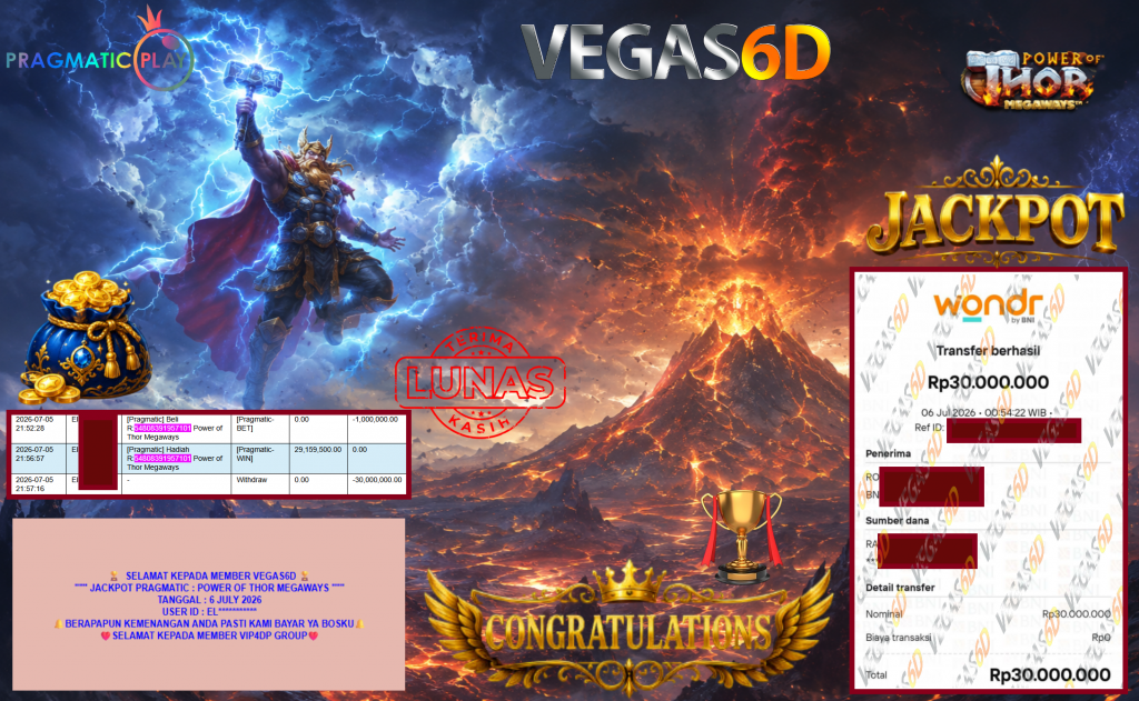 VEGAS6D JACKPOT PRAGMATIC ” POWER OF THOR MEGAWAYS ” Rp30.000.000,- LUNAS
