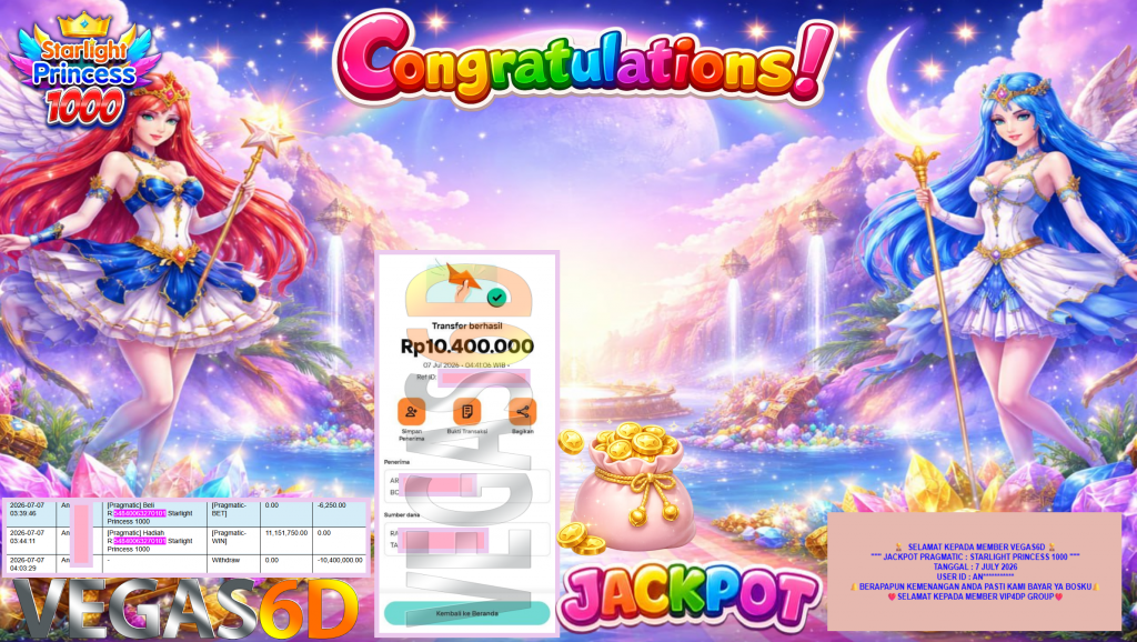 VEGAS6D JACKPOT PRAGMATIC ” STARLIGHT PRINCESS 1000 ” Rp10.400.000,- LUNAS