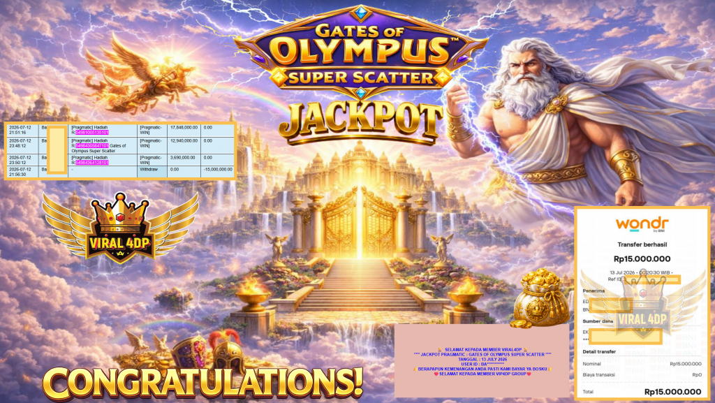 VIRAL4DP JACKPOT PRAGMATIC ” GATES OF OLYMPUS SUPER SCATTER ” Rp29.000.000,- LUNAS