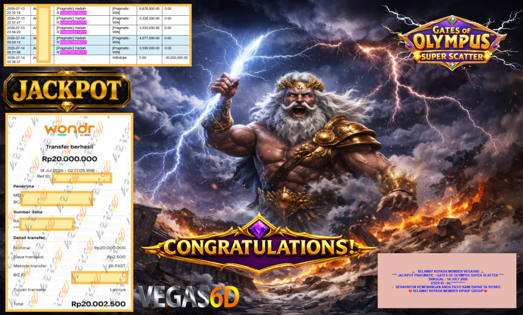VEGAS6D JACKPOT PRAGMATIC ” GATES OF OLYMPUS SUPER SCATTER ” Rp20.000.000,- LUNAS