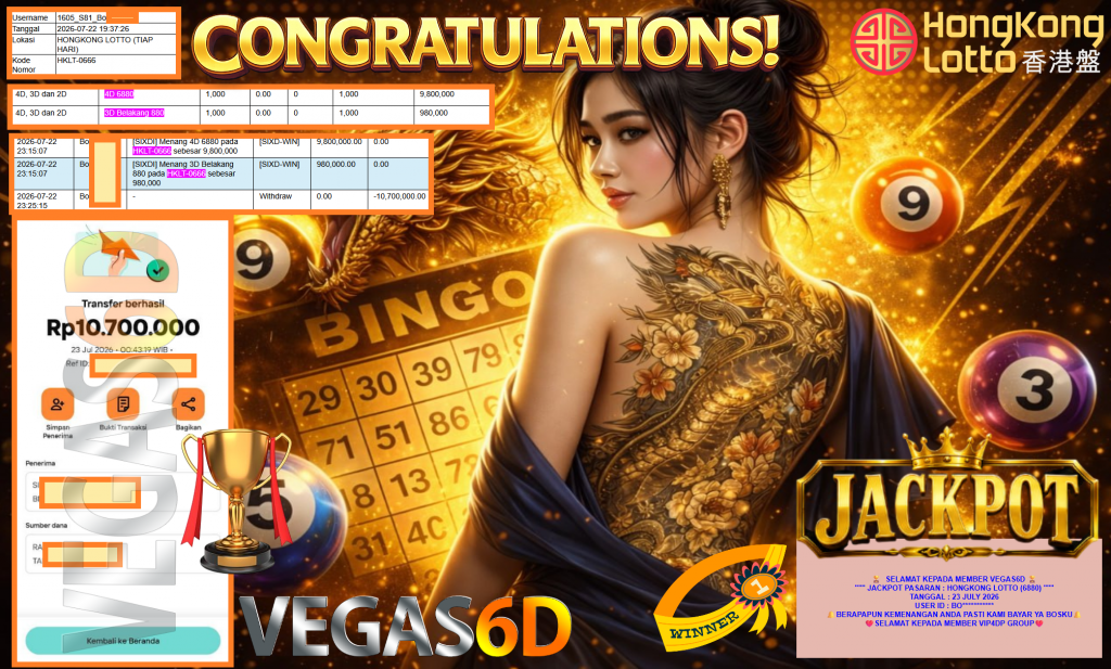 VEGAS6D JACKPOT PASARAN β HONGKONG LOTTO (6880) β Rp10.700.000,- LUNAS