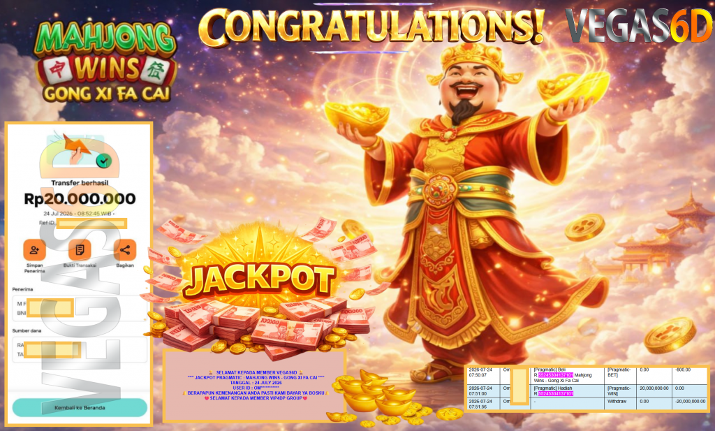 VEGAS6D JACKPOT PRAGMATIC ” MAHJONG WINS – GONG XI FA CAI ” Rp20.000.000,- LUNAS
