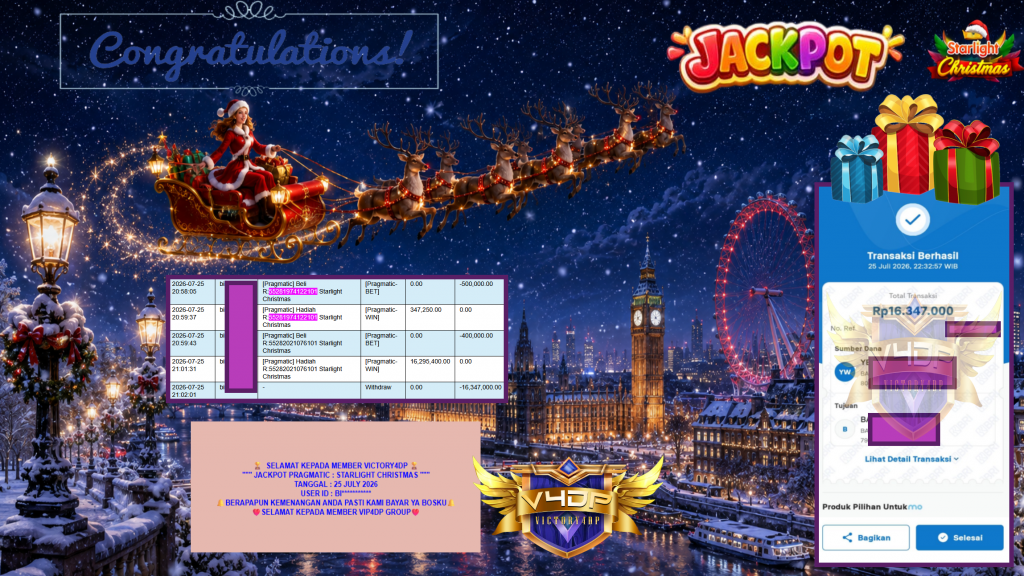 VICTORY4DP JACKPOT PRAGMATIC ” STARLIGHT CHRISTMAS ” Rp16.347.000,- LUNAS