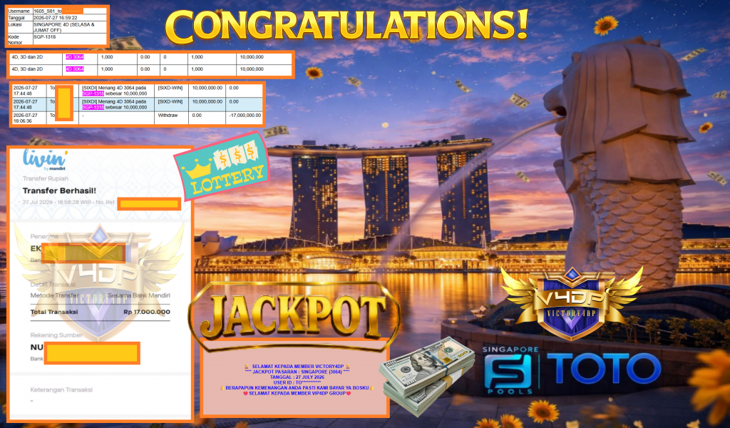VICTORY4DP JACKPOT PASARAN ” SINGAPORE (3064) ” Rp17.000.000,- LUNAS