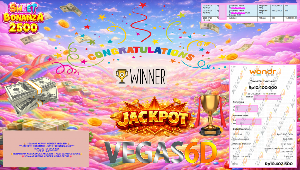 VEGAS6D JACKPOT PRAGMATIC ” SWEET BONANZA 2500 ” Rp10.400.000,- LUNAS