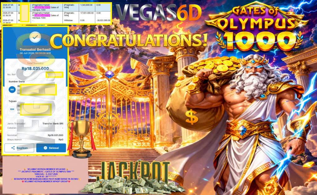 VEGAS6D JACKPOT PRAGMATIC ” GATES OF OLYMPUS 1000 ” Rp18.031.000,- LUNAS