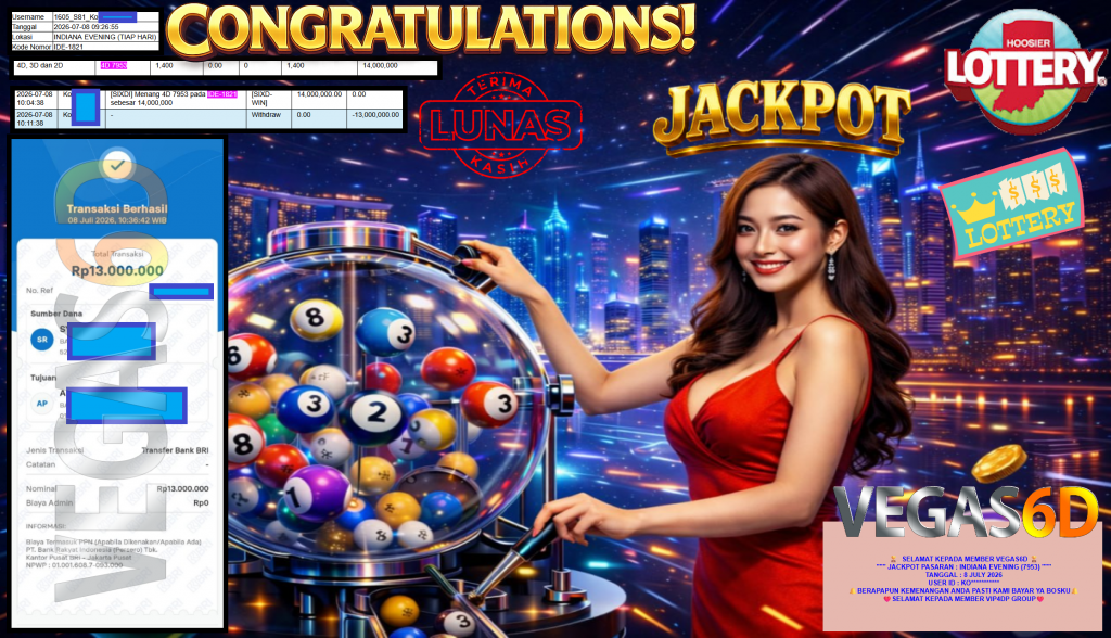VEGAS6D JACKPOT PASARAN ” INDIANA EVENING (7953) ” Rp13.000.000,- LUNAS