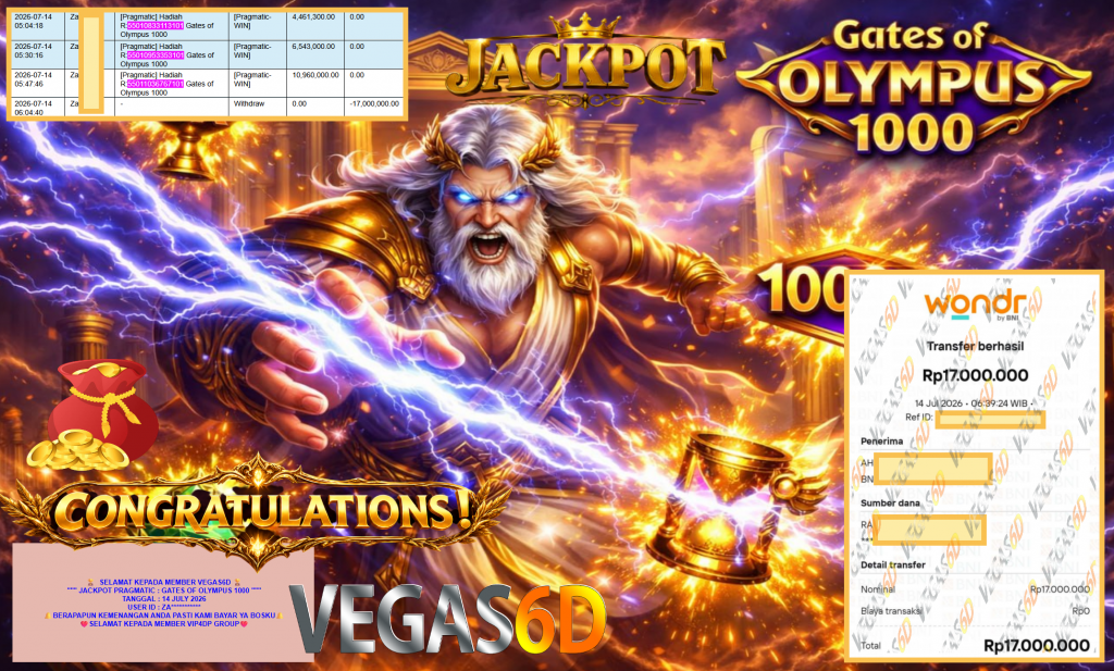 VEGAS6D JACKPOT PRAGMATIC ” GATES OF OLYMPUS 1000 ” Rp17.000.000,- LUNAS