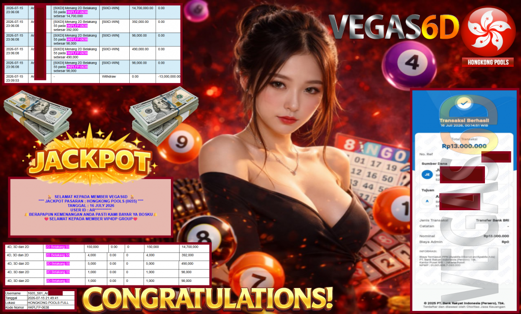 VEGAS6D JACKPOT PASARAN ” HONGKONG POOLS (0655) ” Rp13.000.000,- LUNAS