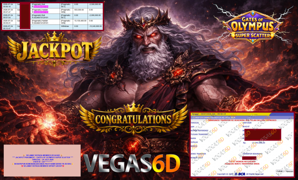 VEGAS6D JACKPOT PRAGMATIC ” GATES OF OLYMPUS SUPER SCATTER ” Rp13.245.000,- LUNAS
