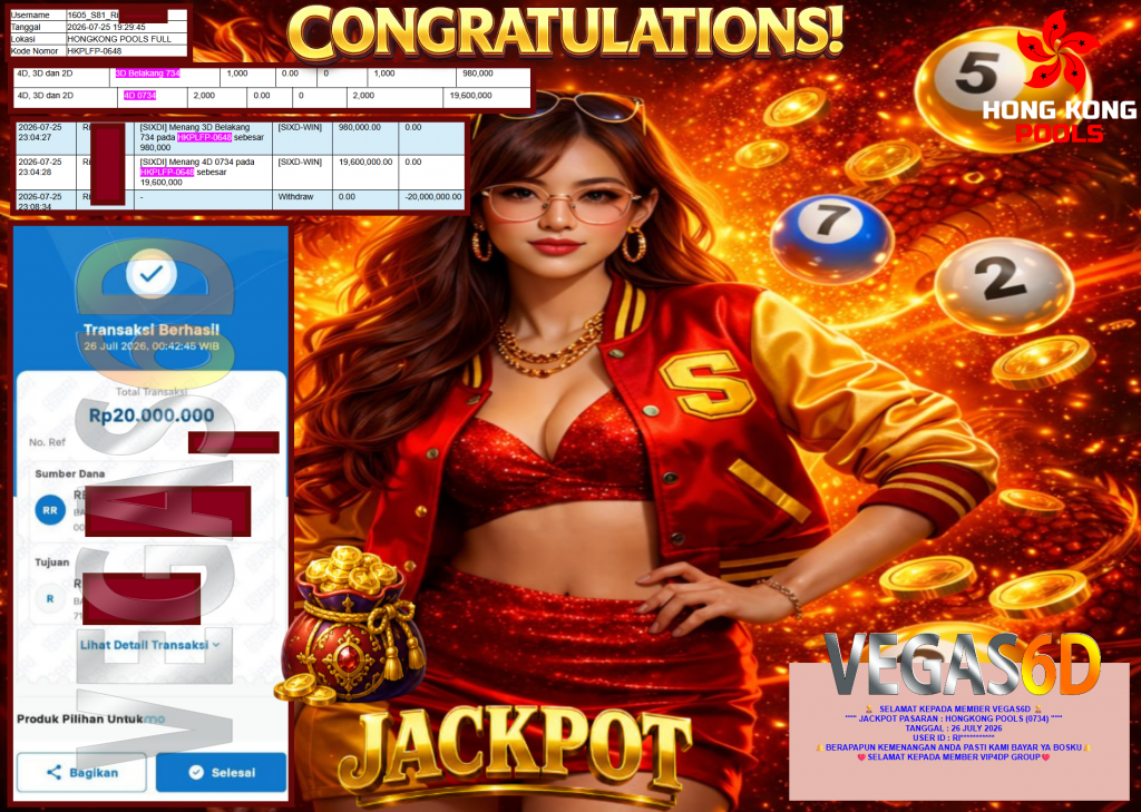 VEGAS6D JACKPOT PASARAN ” HONGKONG POOLS (0734) ” Rp20.000.000,- LUNAS
