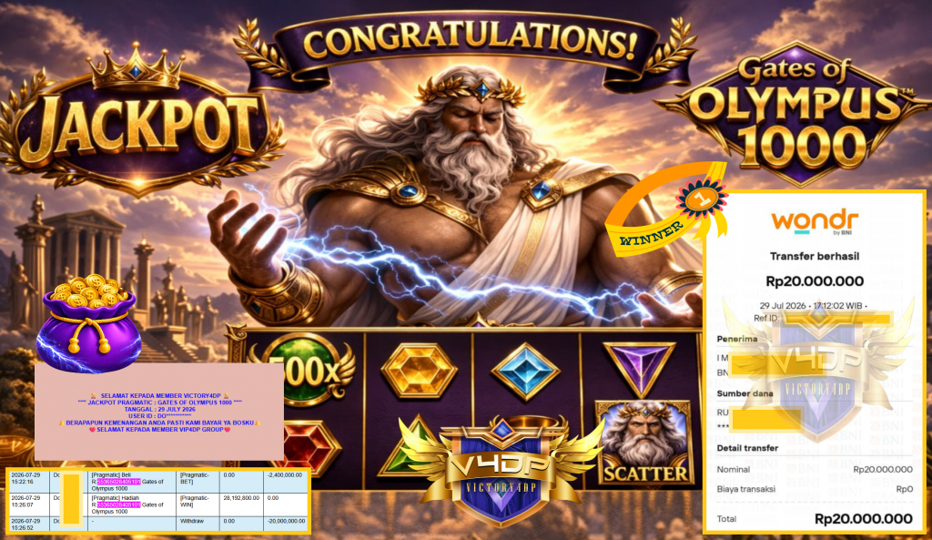 VICTORY4DP JACKPOT PRAGMATIC ” GATES OF OLYMPUS 1000 ” Rp20.000.000,- LUNAS