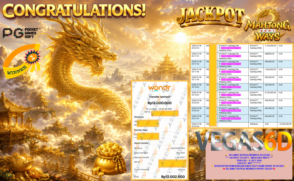 VEGAS6D JACKPOT PGSOFT ” MAHJONG WAYS ” Rp12.000.000,- LUNAS