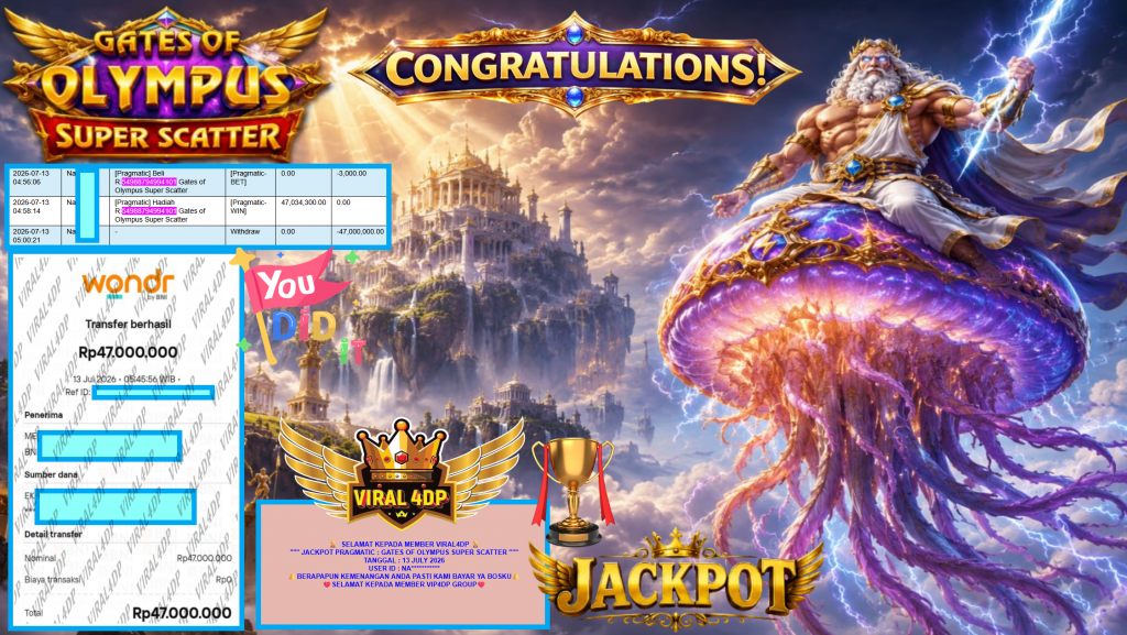 VIRAL4DP JACKPOT PRAGMATIC ” GATES OF OLYMPUS SUPER SCATTER ” Rp47.000.000,- LUNAS