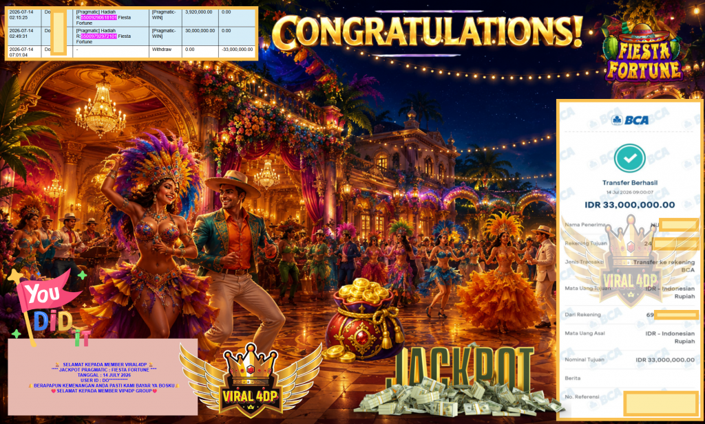 VIRAL4DP JACKPOT PRAGMATIC ” FIESTA FORTUNE ” Rp33.000.000,- LUNAS