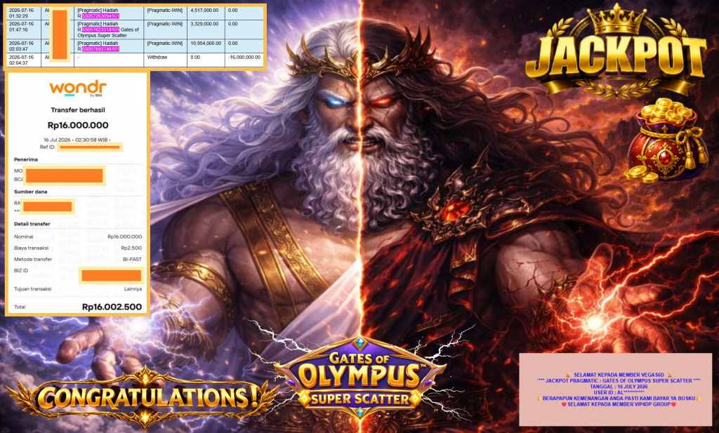 VEGAS6D JACKPOT PRAGMATIC ” GATES OF OLYMPUS SUPER SCATTER ” Rp16.000.000,- LUNAS