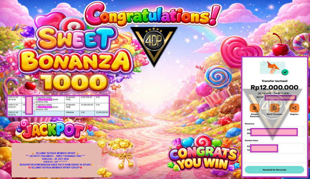 VIP4DP JACKPOT PRAGMATIC ” SWEET BONANZA 1000 ” Rp12.000.000,- LUNAS