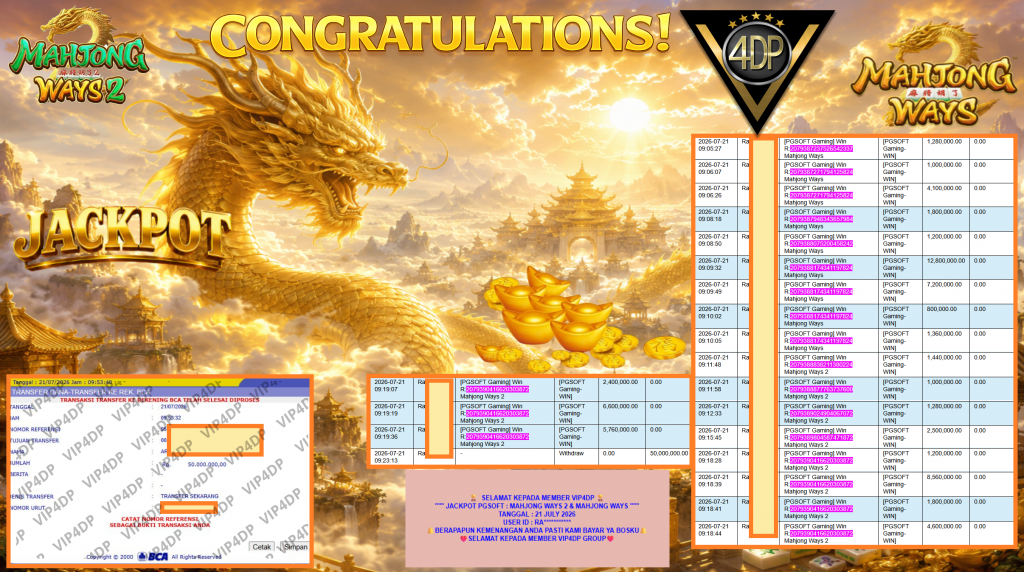 VIP4DP JACKPOT PGSOFT ” MAHJONG WAYS 2 & MAHJONG WAYS ” Rp50.000.000,- LUNAS
