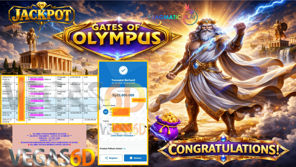 VEGAS6D JACKPOT PRAGMATIC ” GATES OF OLYMPUS ” Rp23.000.000,- LUNAS