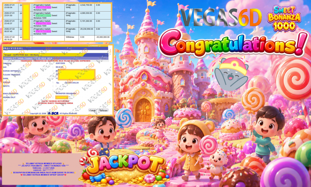 VEGAS6D JACKPOT PRAGMATIC ” SWEET BONANZA 100” Rp35.000.000,- LUNAS