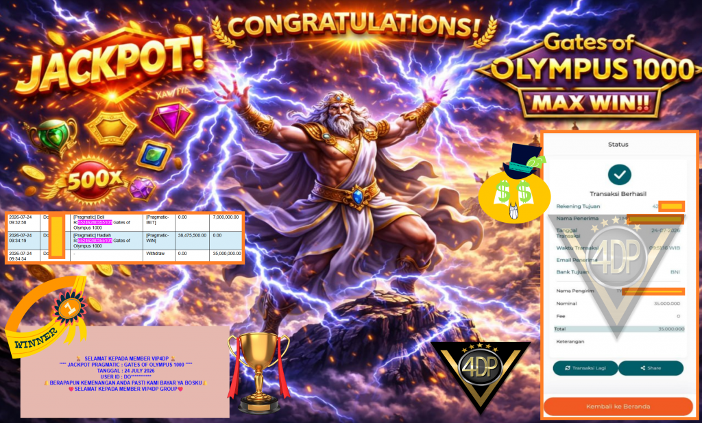 VIP4DP JACKPOT PRAGMATIC ” GATES OF OLYMPUS 1000 ” Rp35.000.000,- LUNAS