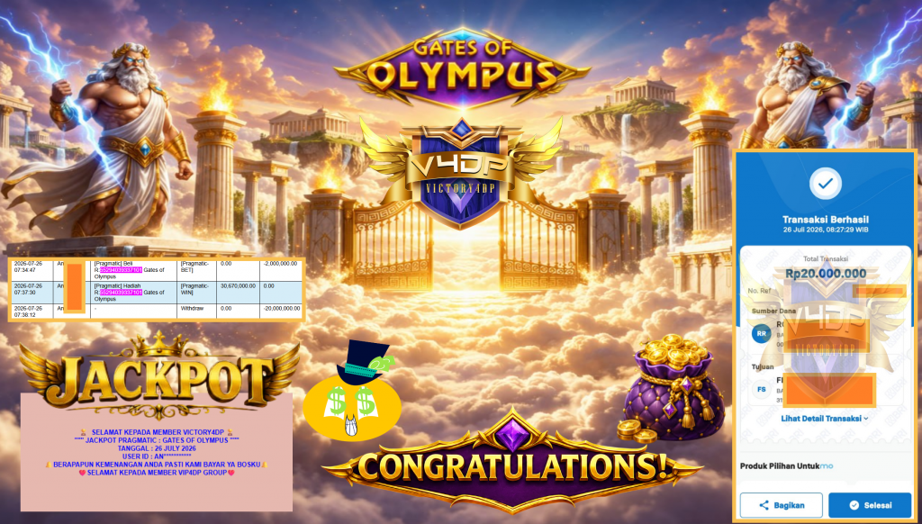 VICTORY4DP JACKPOT PRAGMATIC ” GATES OF OLYMPUS ” Rp30.000.000,- LUNAS