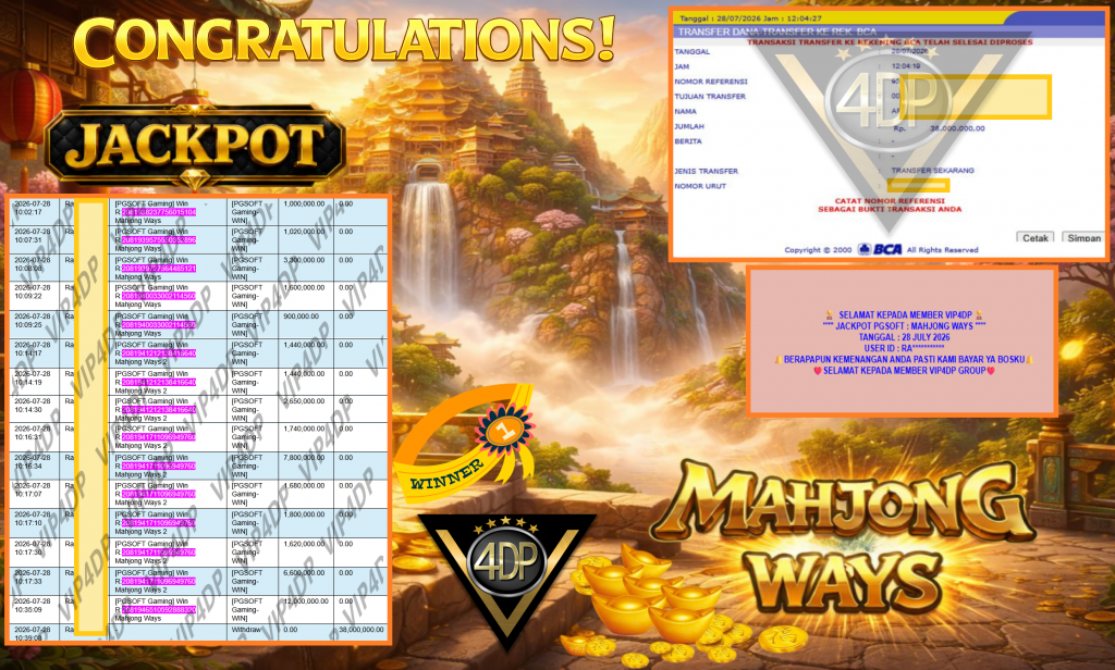 VIP4DP JACKPOT PGSOFT ” MAHJONG WAYS ” Rp38.000.000,- LUNAS