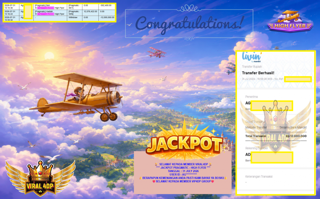VIRAL4DP JACKPOT PRAGMATIC ” HIGH FLYER ” Rp12.000.000,- LUNAS