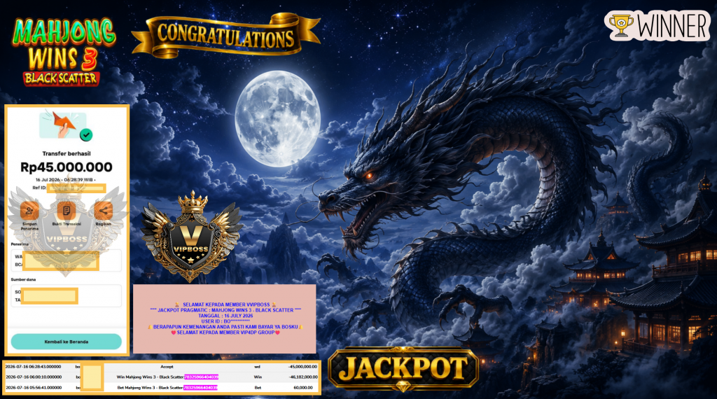VVIPBOSS JACKPOT PRAGMATIC ” MAHJONG WINS 3 – BLACK SCATTER ” Rp45.000.000,- LUNAS