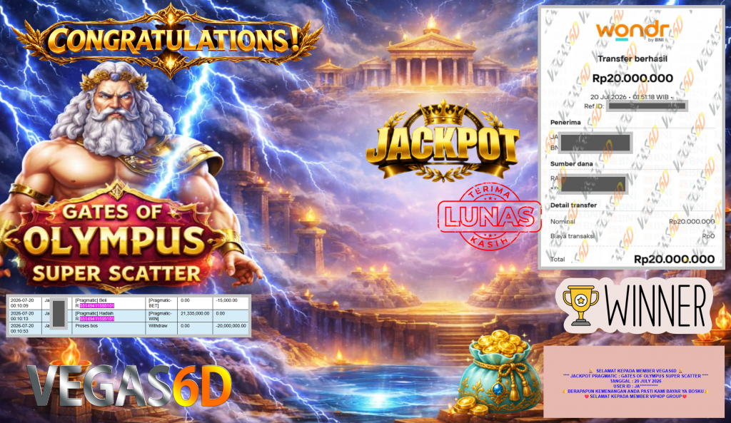 VEGAS6D JACKPOT PRAGMATIC ” GATES OF OLYMPUS SUPER SCATTER ” Rp20.000.000,- LUNAS