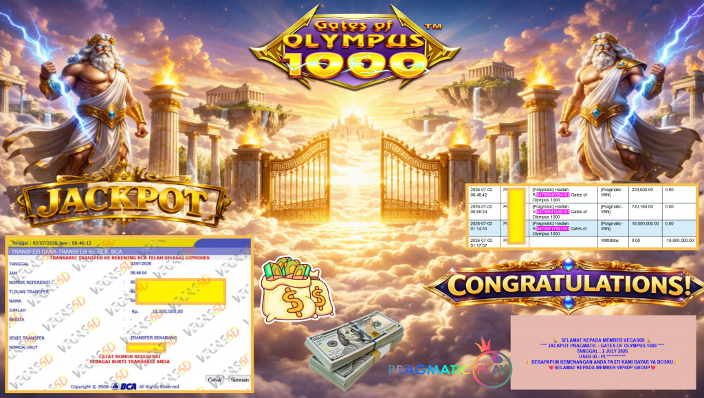 VEGAS6D JACKPOT PRAGMATIC ” GATES OF OLYMPUS 1000 ” Rp18.800.000,- LUNAS