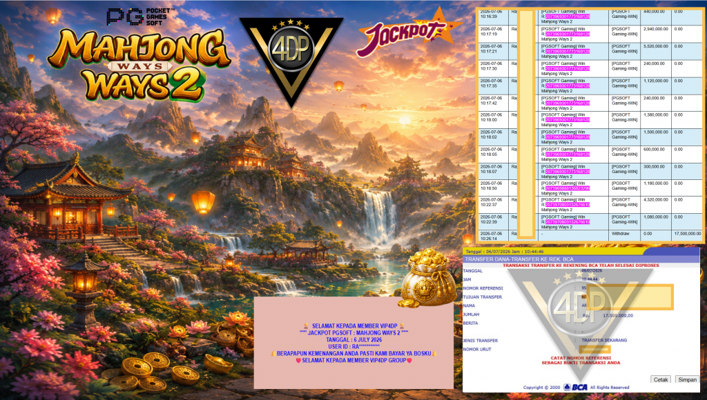 VIP4DP JACKPOT PGSOFT ” MAHJONG WAYS 2 ” Rp17.500.000,- LUNAS