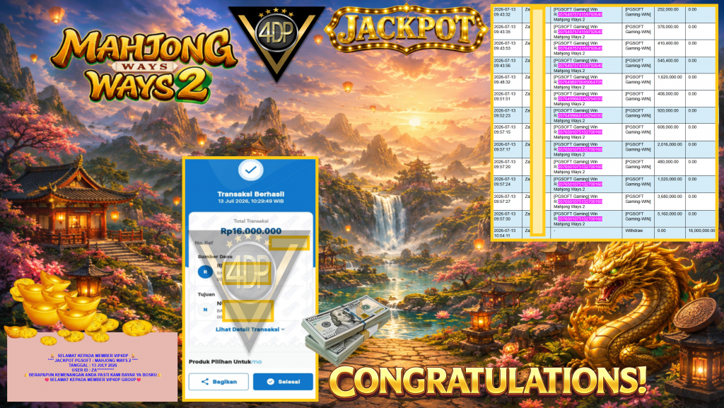 VIP4DP JACKPOT PGSOFT ” MAHJONG WAYS 2 ” Rp16.000.000,- LUNAS