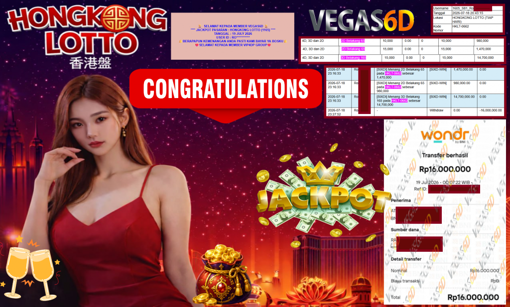 VEGAS6D JACKPOT PASARAN ” HONGKONG LOTTO (1165) ” Rp16.000.000,- LUNAS