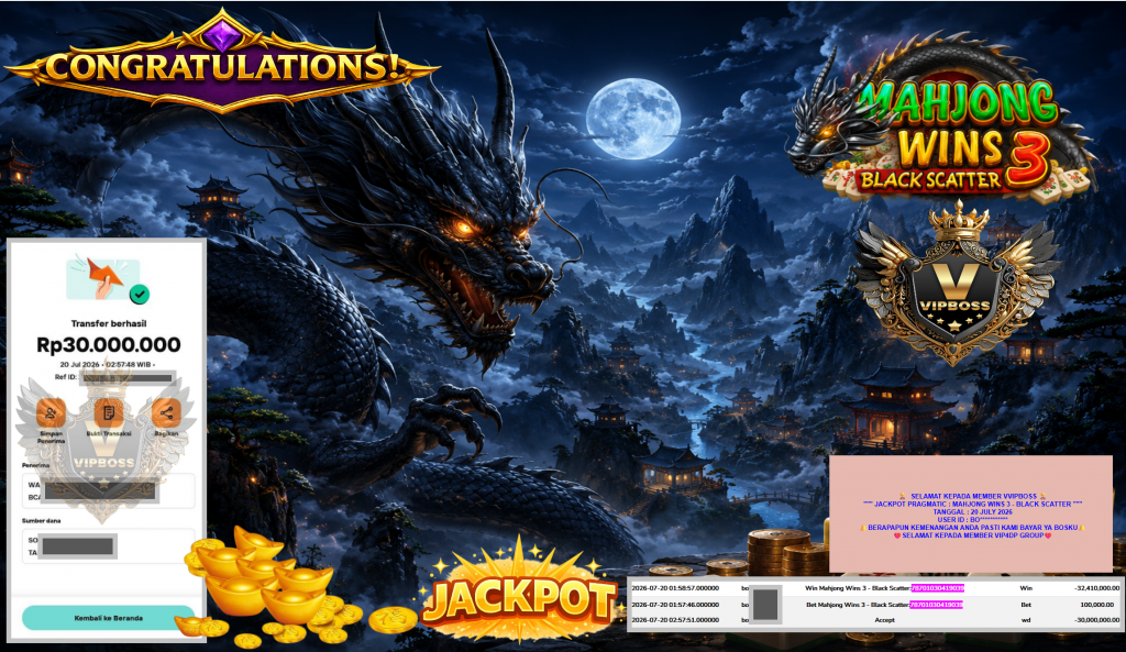 VVIPBOSS JACKPOT PRAGMATIC ” MAHJONG WINS 3 – BLACK SCATTER ” Rp30.000.000,- LUNAS
