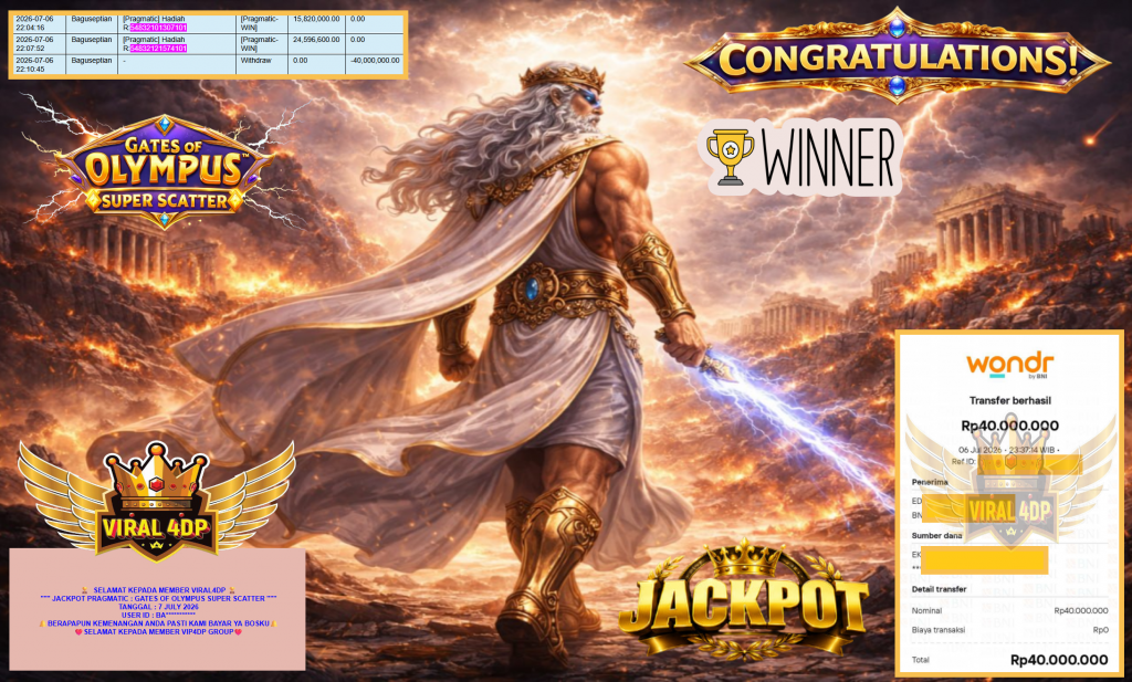 VIRAL4DP JACKPOT PRAGMATIC ” GATES OF OLYMPUS SUPER SCATTER ” Rp40.000.000,- LUNAS