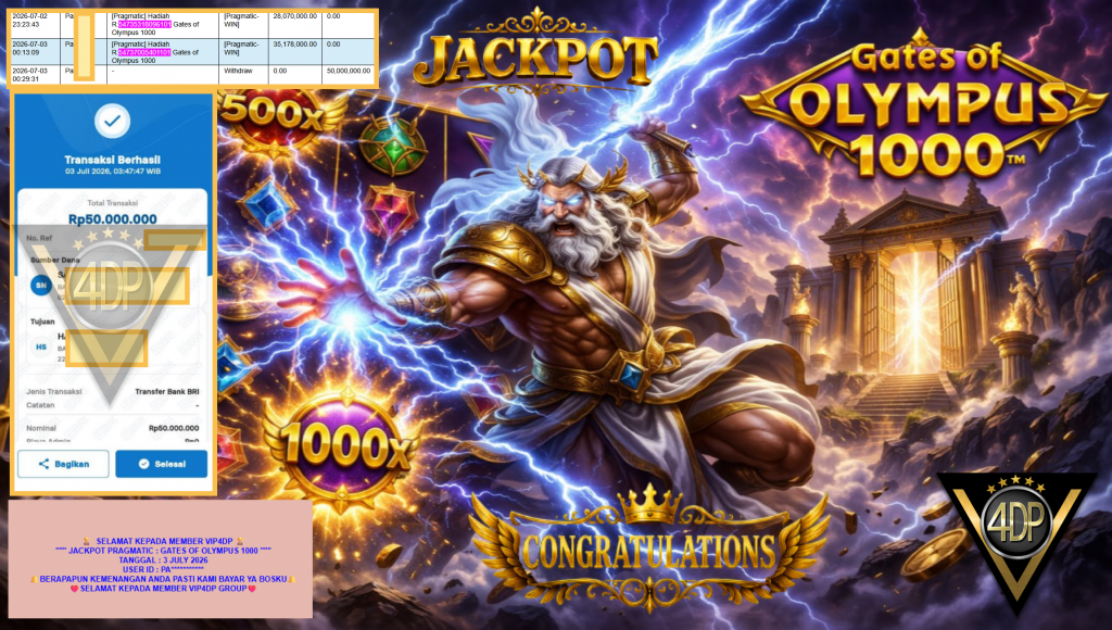 VIP4DP JACKPOT PRAGMATIC ” GATES OF OLYMPUS 1000 ” Rp50.000.000,- LUNAS