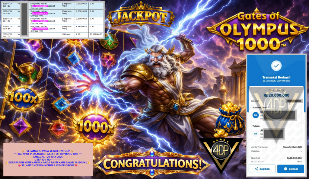 VIP4DP JACKPOT PRAGMATIC ” GATES OF OLYMPUS 1000 ” Rp20.000.000,- LUNAS