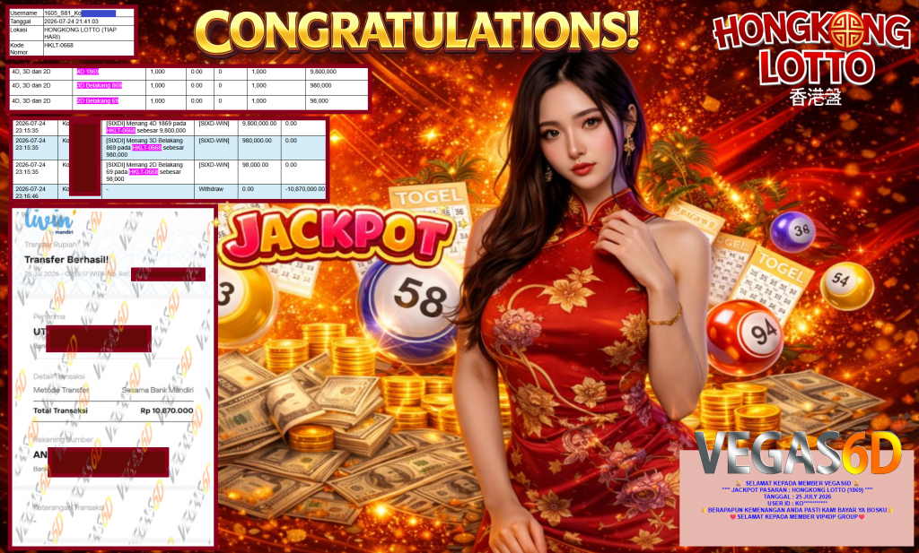 VEGAS6D JACKPOT PASARAN ” HONGKONG LOTTO (1869) ” Rp10.870.000,- LUNAS
