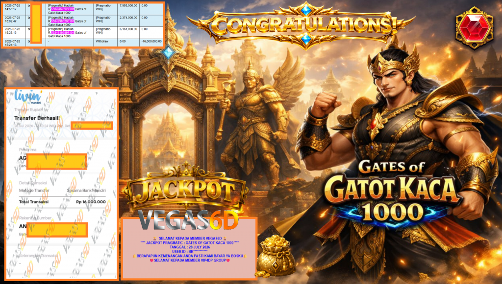 VEGAS6D JACKPOT PRAGMATIC ” GATES OF GATOT KACA 1000 ” Rp16.000.000,- LUNAS