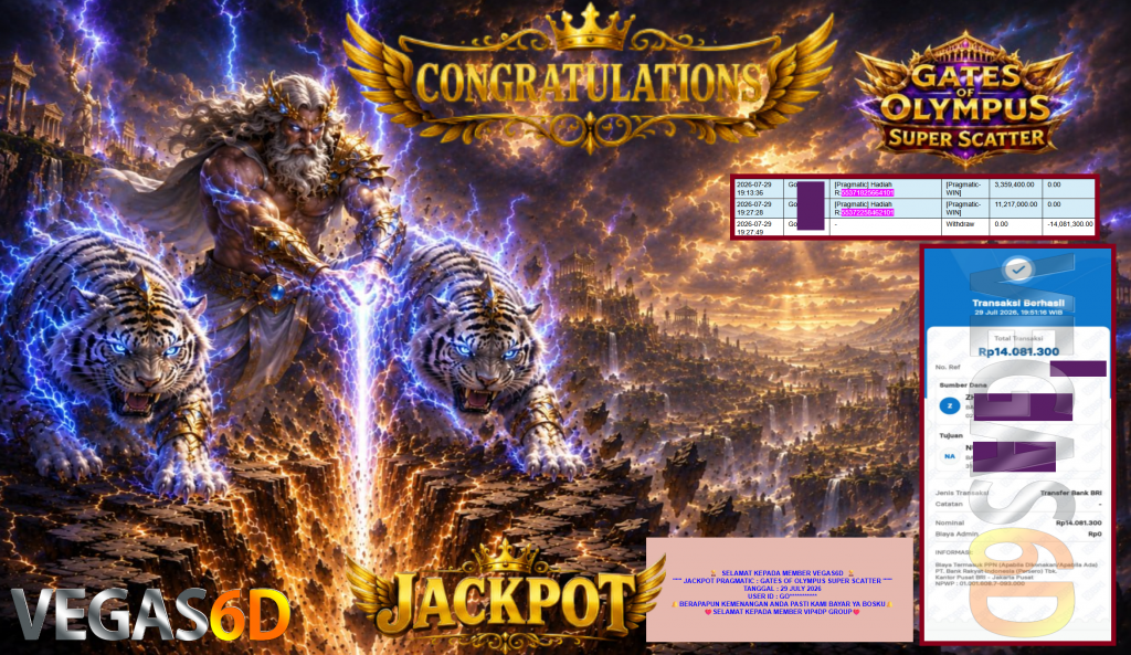 VEGAS6D JACKPOT PRAGMATIC ” GATES OF OLYMPUS SUPER SCATTER ” Rp14.081.300,- LUNAS