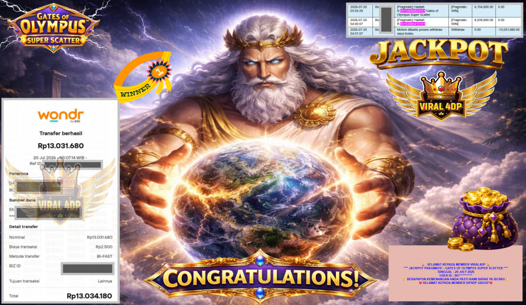 VIRAL4DP JACKPOT PRAGMATIC ” GATES OF OLYMPUS SUPER SCATTER ” Rp13.031.680,- LUNAS