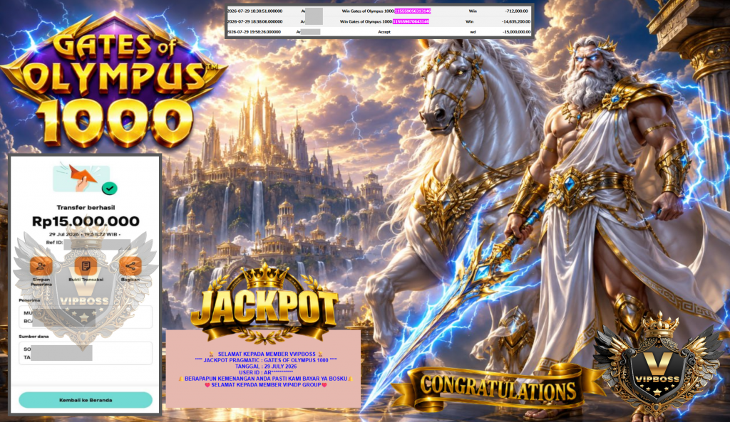 VVIPBOSS JACKPOT PRAGMATIC ” GATES OF OLYMPUS 1000 ” Rp15.000.000,- LUNAS
