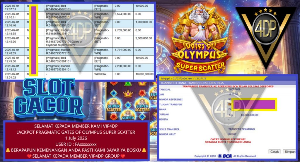 VIP4DP JACKPOT PRAGMATIC GATES OF OLYMPUS SUPER SCATTER Rp 10.000.000,- LUNAS