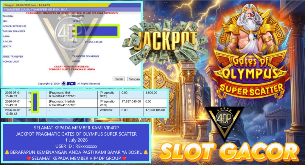 VIP4DP JACKPOT PRAGMATIC GATES OF OLYMPUS SUPER SCATTER Rp 17.950.185,- LUNAS