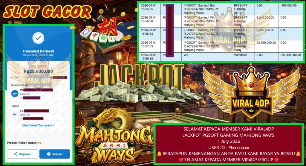 VIRAL4DP JACKPOT PGSOFT GAMING MAHJONG WAYS Rp 25.000.000,- LUNAS