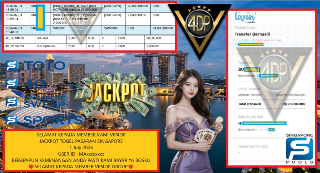 VIP4DP JACKPOT TOGEL PASARAN SINGAPORE Rp 21.000.000,- LUNAS