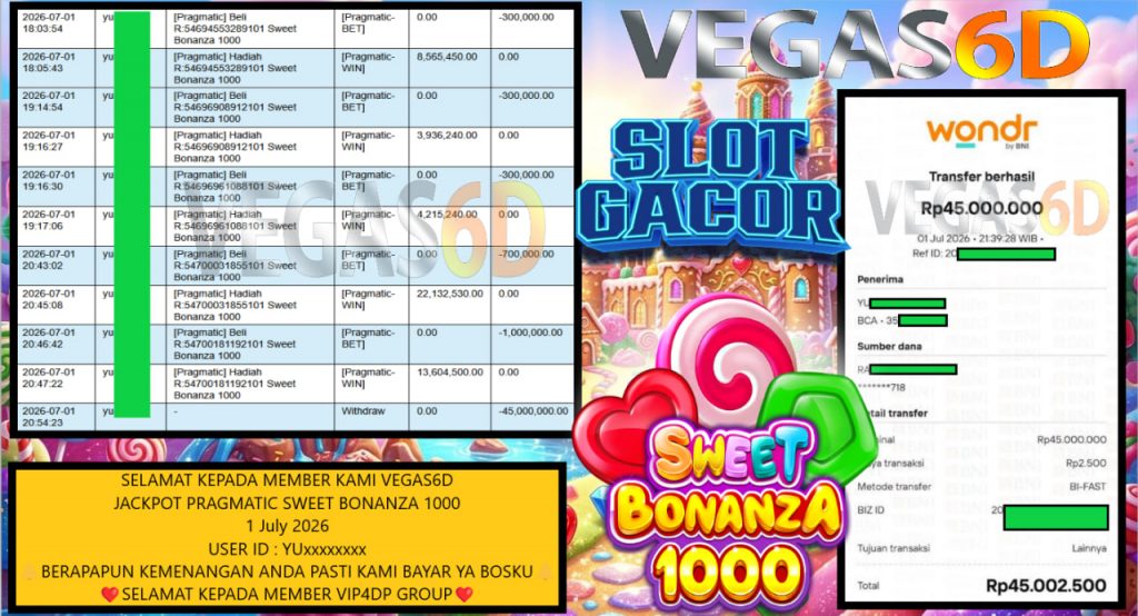 VEGAS6D JACKPOT PRAGMATIC SWEET BONANZA 1000 Rp 45.000.000,- LUNAS